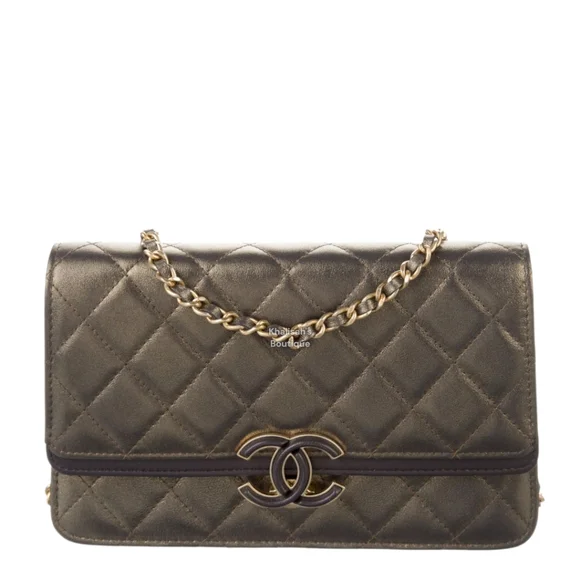 Rare CHANEL Metallic Quilted Clutch Gold Leather WOC Mini Crossbody Bag Like New - Picture 2 of 16